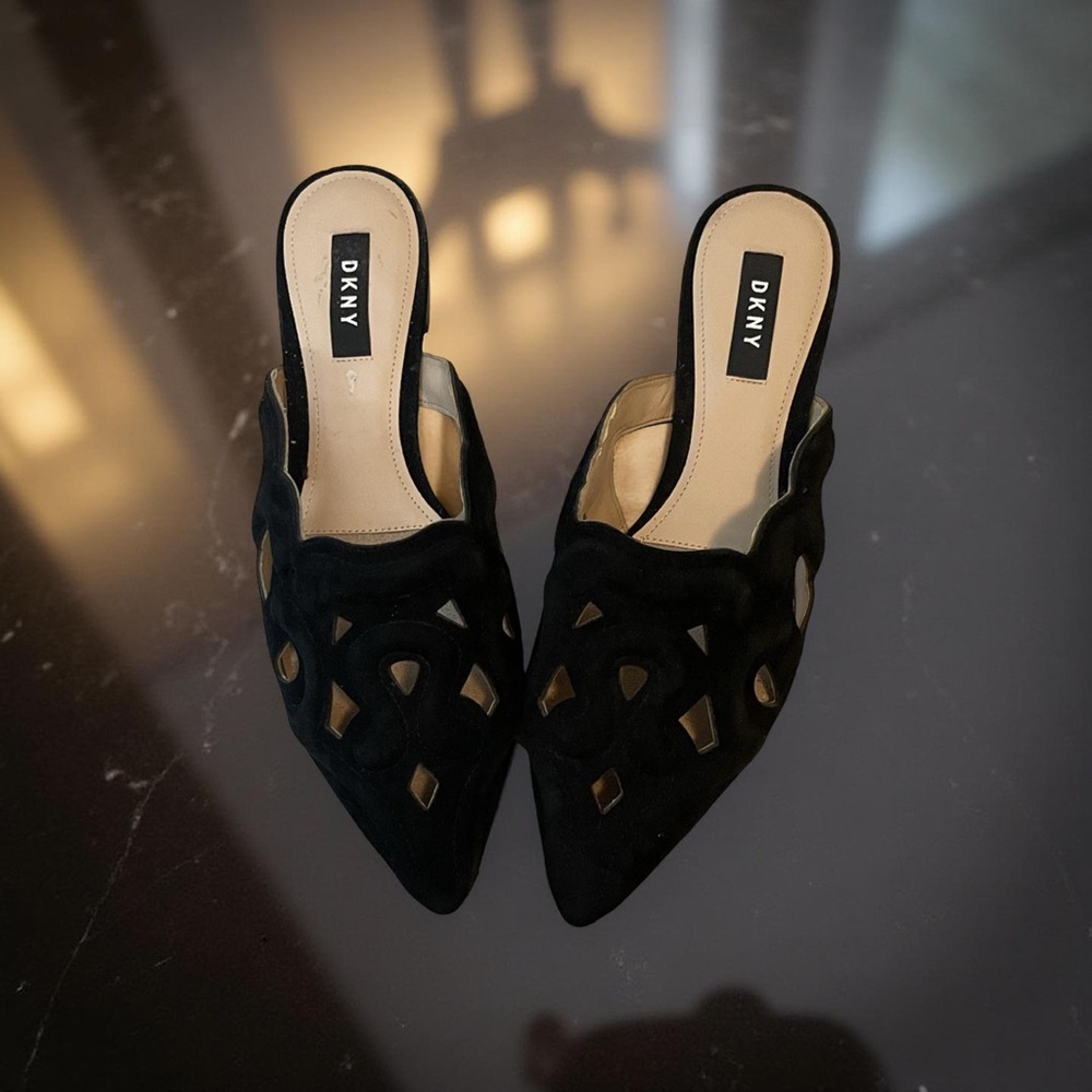DKNY Black Suede Cutout Pointed Toe Mules